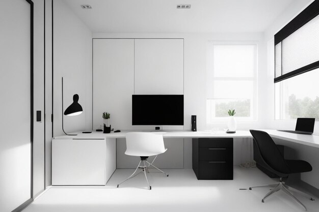 Photo office desk with computer screen and desk chair