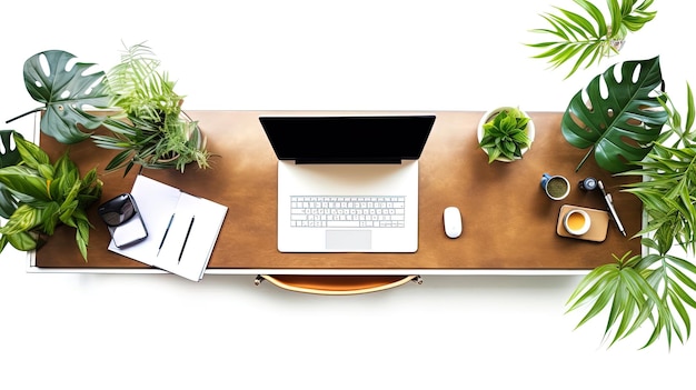 Office desk with a laptop books coffee and glasses shot from a top angle generated by AI