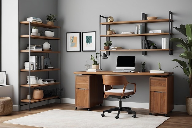 Office desk with laptop and chair next to shelf