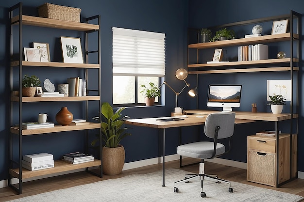 Office desk with laptop and chair next to shelf