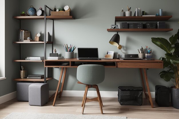 office desk with laptop device and chair next to shelf