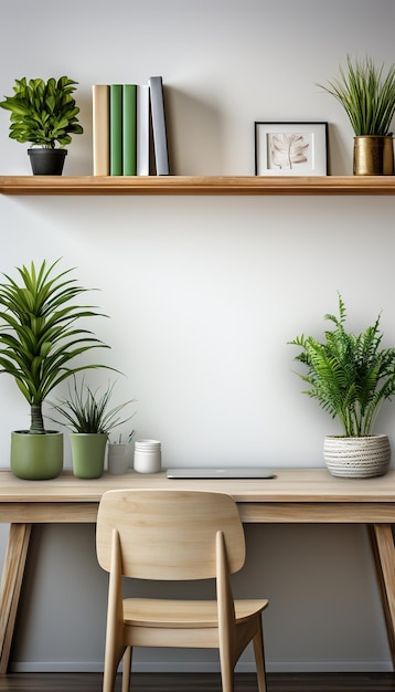 Office desk with a laptop Home office interior Modern desk with laptop plants and a lamp