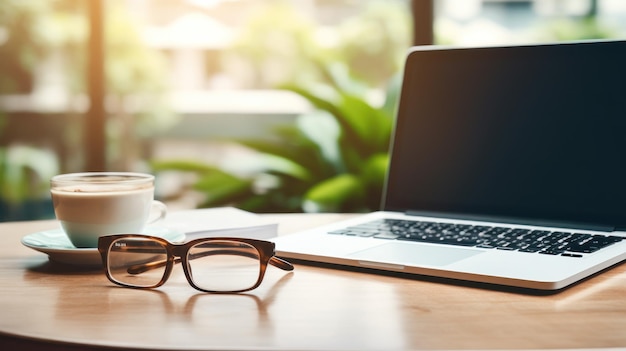 Office desk with a laptop notepad coffee cup and glasses