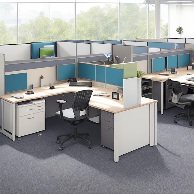 Photo office desk with multiple working stations generated by ai