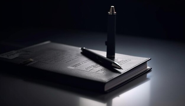 Фото Офисный стол с дневником из бумажной книги и документом, созданным искусственным интеллектом
