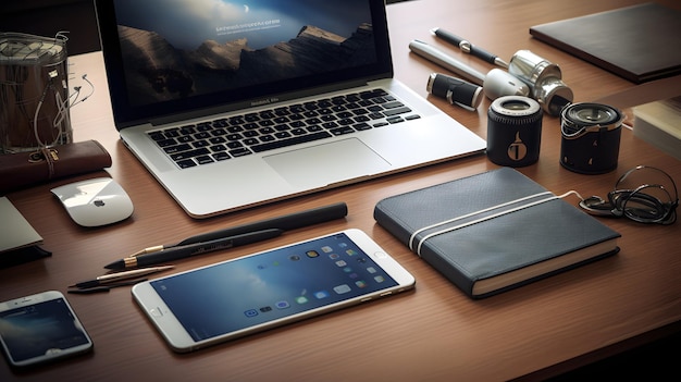 office desk with stationery and tech gadgets