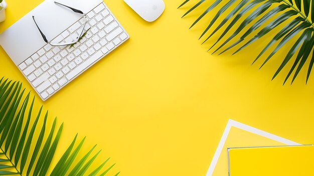 Photo office desk workspace on bright color yellow background office table work space layo generative ai