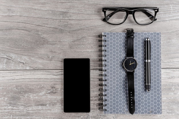 Office desktop flat lay