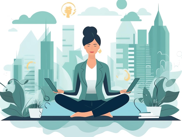 Office employee relaxing while and working work life balance meditation vector design