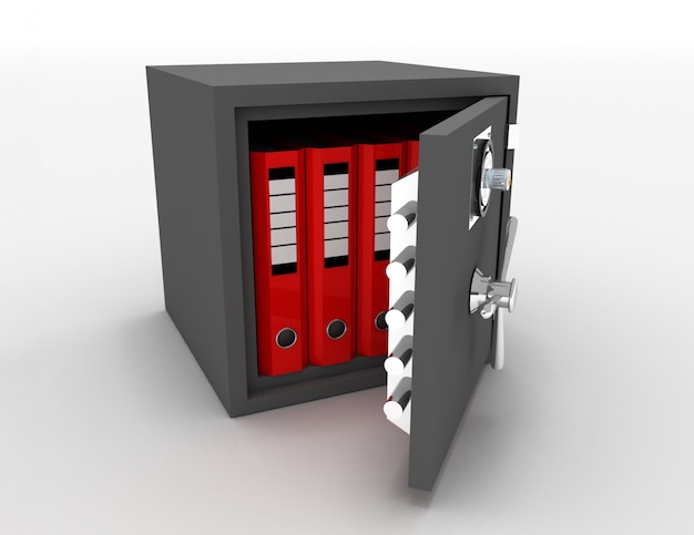 Office folders in an open metal safe . 3d rendered illustration