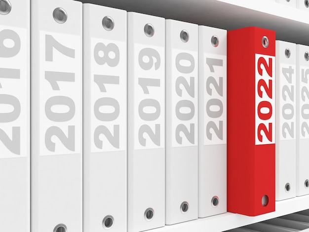 Office folders  on the shelves. New Year 2022 concept. 3d rendering