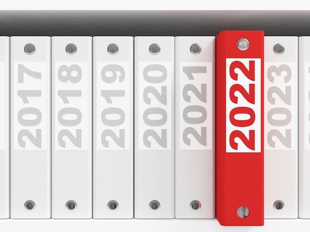 Office folders  on the shelves. New Year 2022 concept. 3d rendering