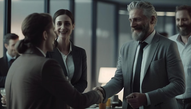 In the office a gorgeous smiling older woman shakes hands with a smiling young man to celebrate a good business deal Colleagues thank Generative AI for their assistance