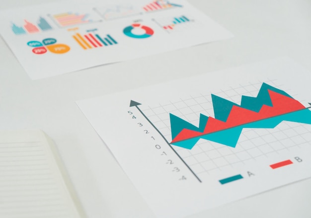 写真 財務および販売レポートの統計ペーパーのオフィスグラフとチャート