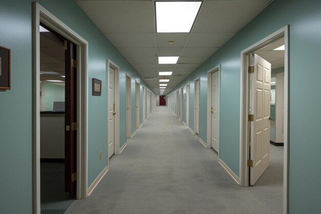 Офисный коридор с дверями с надписью «комнаты для интервью»