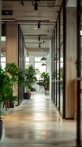 Office hallway with glass walls and potted plants