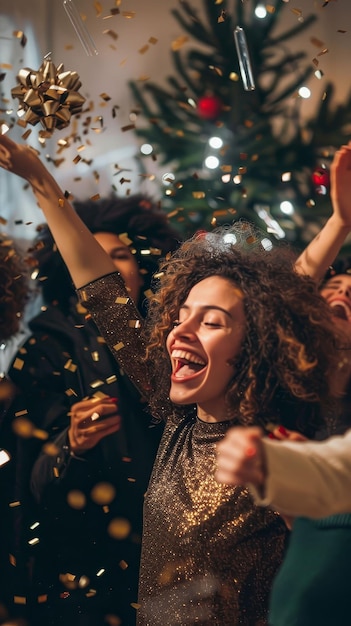 Office holiday party coworkers in celebration cheer spread