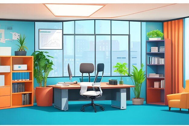 Office interior colored and realistic composition room fully equipped in the office illustration