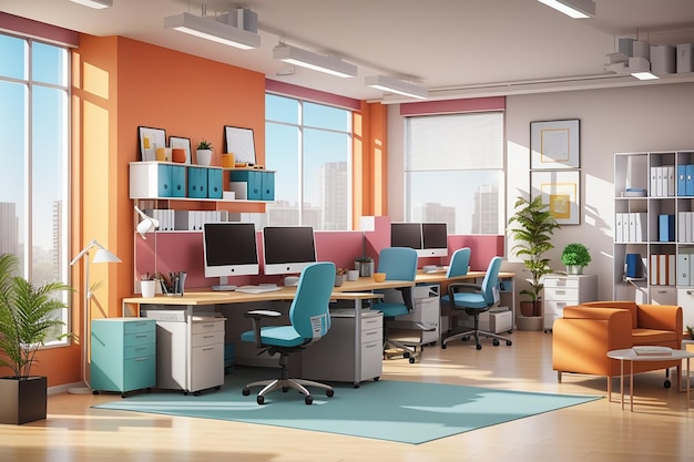 Office interior colored and realistic composition room fully equipped in the office illustration