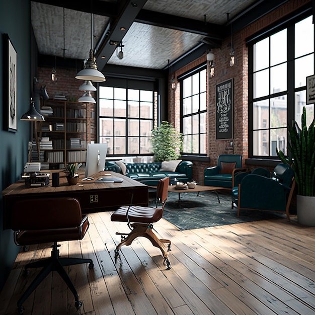 Office interior in loft industrial style building interior background design