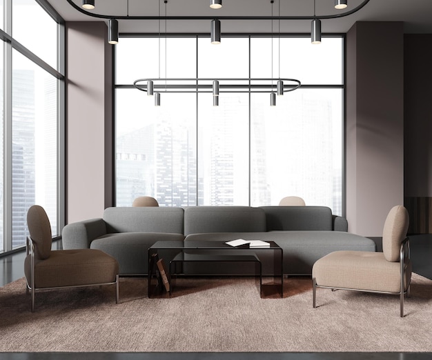 Office interior relax place with couch and armchairs panoramic window