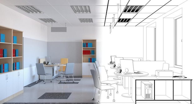 Foto illustrazione 3d di visualizzazione degli interni dell'ufficio
