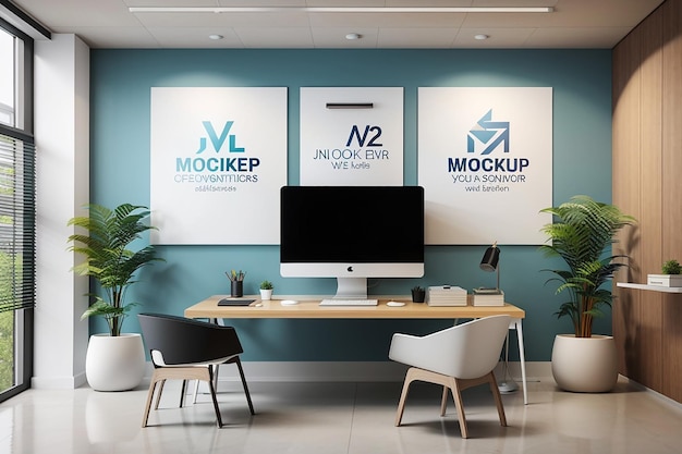 Photo office interior wall signage mockup template