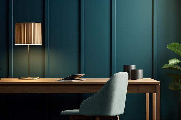 사진 파란색 벽으로 된 사무실 인테리어 목조 테이블 의자 및 램프 ai로 만들어졌습니다.