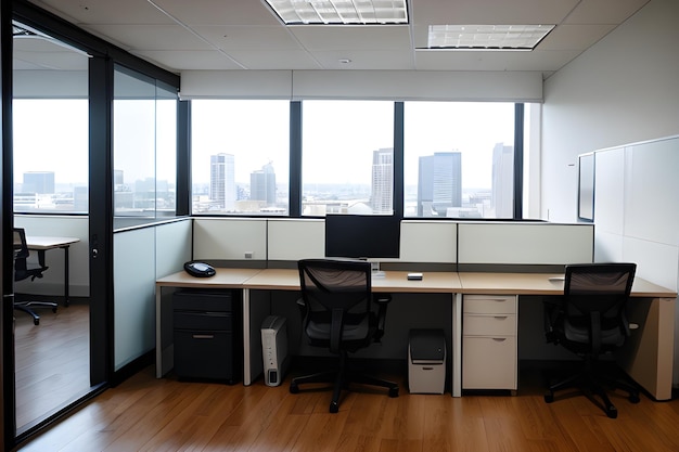 Office interior with desk and laptop