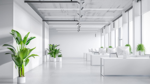 Office interior with green plants desks and computers empty modern room with white minimalist design Theme of business background space workspace