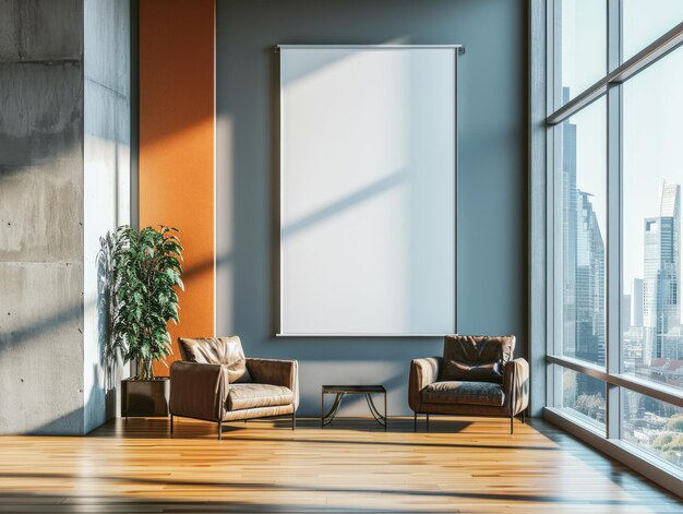 벽에 빈 배너를 특징으로하는 현대적인 디자인의 사무실 인테리어 두 개의 갈색 가죽 의자 식물과 도시 전망을 가진 큰 창문 Ai generative