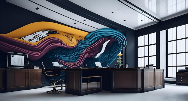 An office interior with a striking painting hanging on the wall