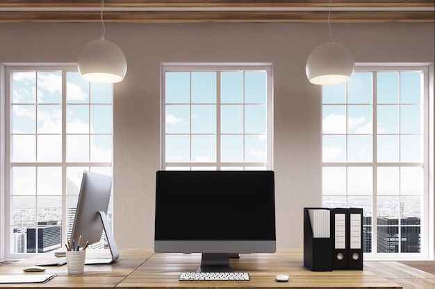 Office interior with three tall windows and a long wooden table with computers surrounded by white chairs. Concept of negotiations. 3d rendering.