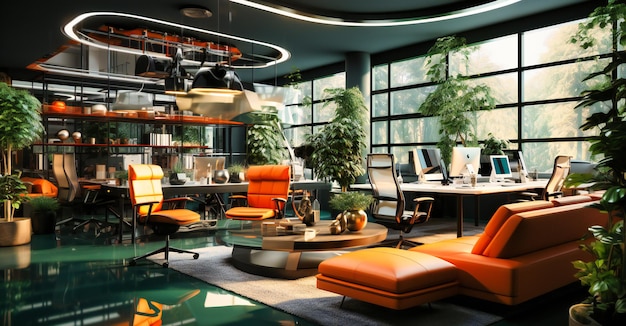 an office is decorated with green accents and a wal