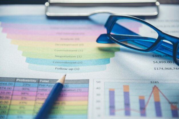 Photo office laptop business financial document chart and graph on wooden table with coffee cup. flat lay notebook computer laptop on office desk. no people business graph chart mockup on business workspace