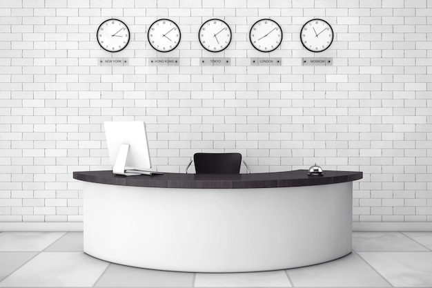 Photo office lobby with a reception desk in front of brick wall. 3d rendering