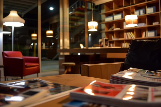 Photo office lounge with magazines on table night lights on