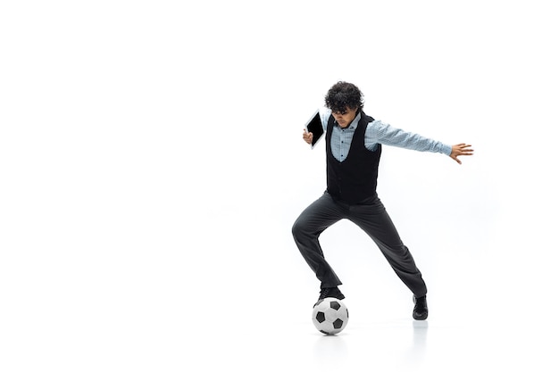 Office man playing football on white