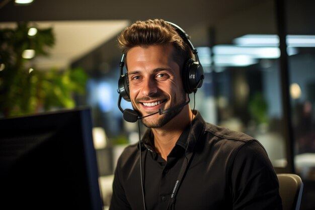 Photo an office man smiling with a headset on her computer