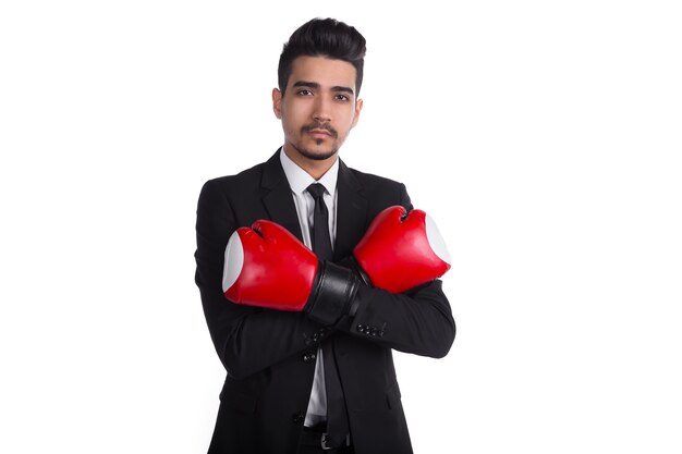 Office manager in suit and boxing gloves