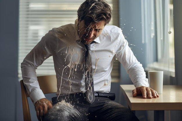 Офисные несчастья Катастрофа с разливом кофе на белой рубашке мужчины