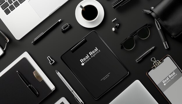 Photo office mock up made of black smartphone notebook business card pencil coffee cup and other