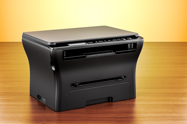 Photo office multifunction printer mfp on the wooden table 3d rendering