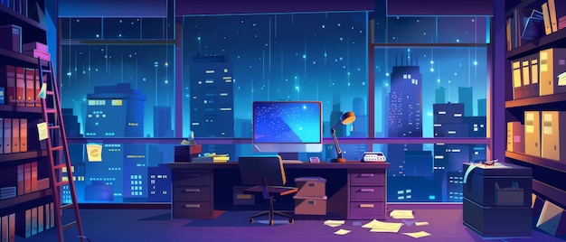 Office at night Modern cartoon illustration showing dark room with cityscape and starry sky view in window computer documents and stacks of books on desk folders on shelf and trash can in