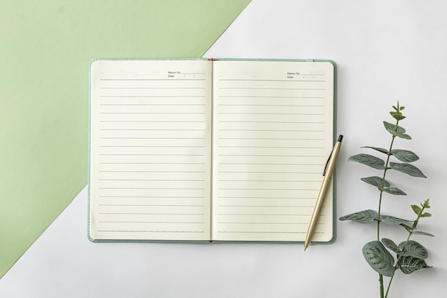 Office notebook with blank pages lying open on two tone or bicolor green and white background with leaf of a potted plant and pen in a creative flat lay still life