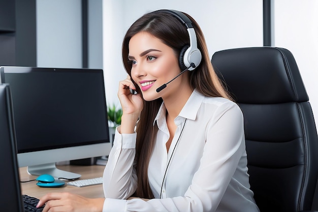 office operator with headset talking with clients customer service call center hotline