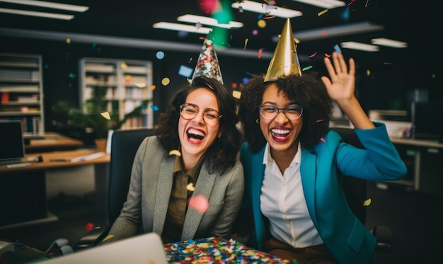 Office party coworkers and business team celebrate together business success and achievement