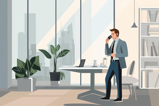 Office room of a business man on the phone talking with a client illustration