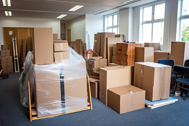 Photo a office room filled with cardboard moving boxes generative ai