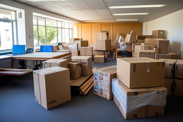 Photo a office room filled with cardboard moving boxes generative ai